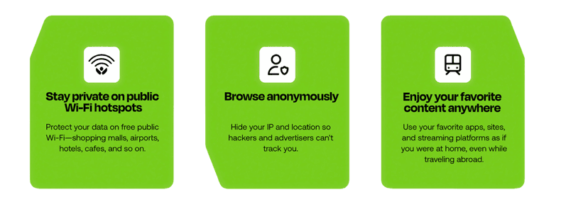 Graphic explaining benefits of Webroot Secure VPN: Stay private on public Wi-Fi hotspots; browse anonymously; enjoy your favorite content anywhere.