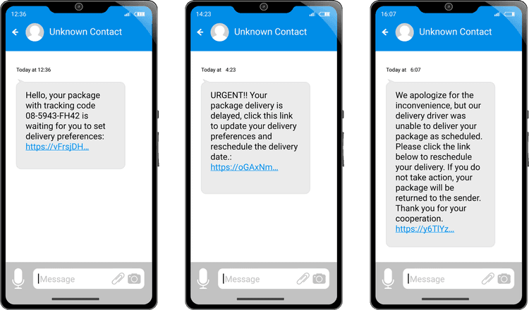 Graphic showing three examples of scam holiday texts on mobile phone screens.