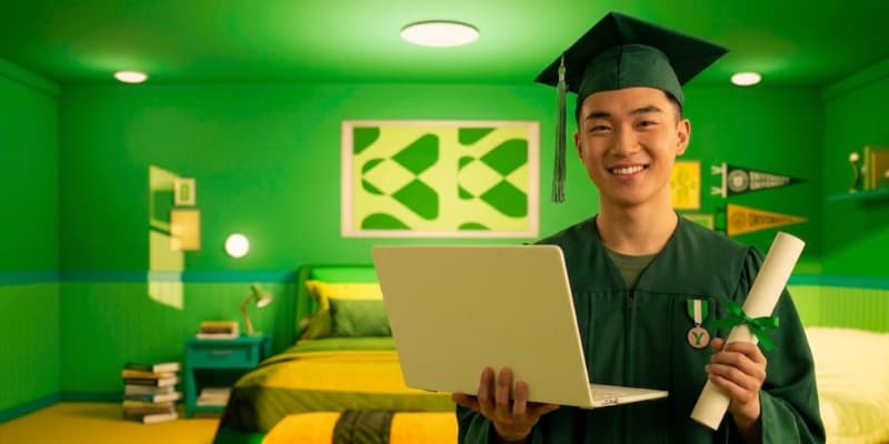 Graduate in cap and gown holding laptop computer.