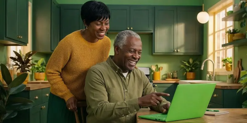 Smiling couple viewing laptop computer together.