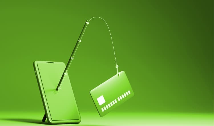 An abstract of a fishing rod with a credit card hooked