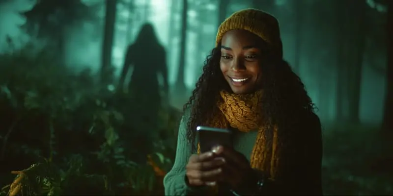Photo illustration of woman viewing mobile phone with ghoul in background.
