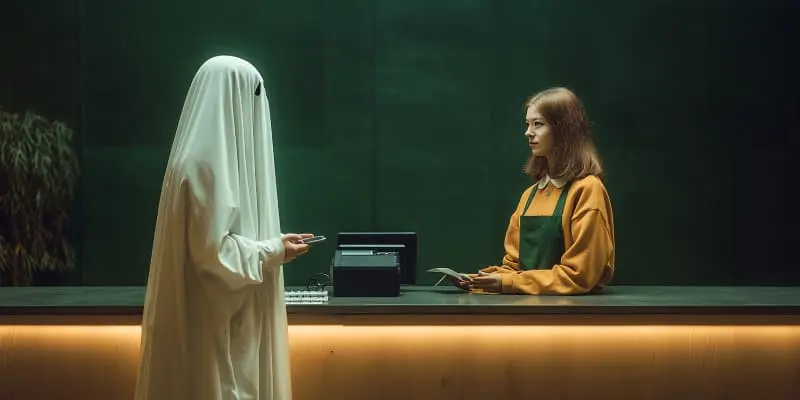 Ghost with mobile phone chatting with receptionist.
