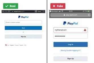 Screenshot of fraudulent PaPal cart next to a valid one.