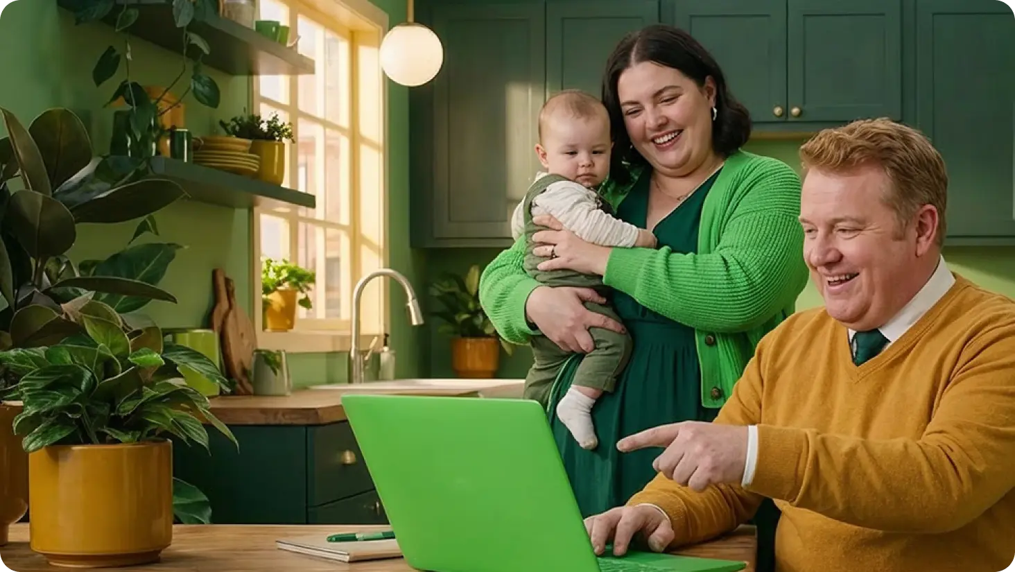 Smiling couple with baby viewing laptop PC.