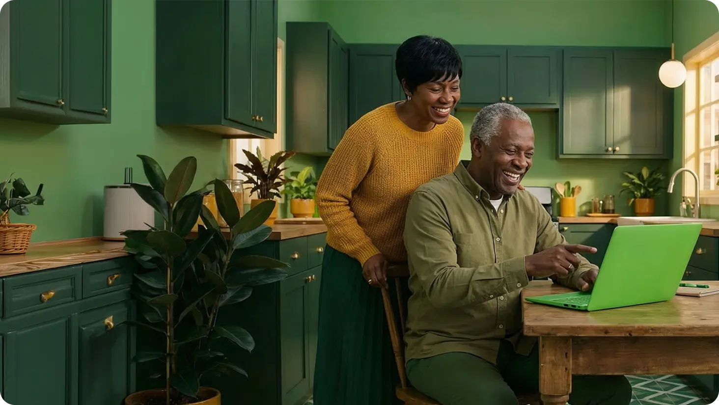 Smiling older couple viewing laptop PC together.