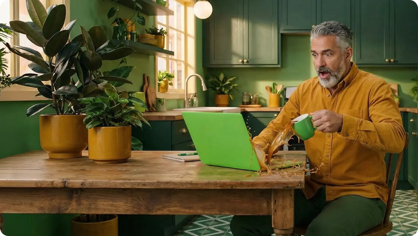 Alarmed man holding coffee mug and viewing laptop PC.