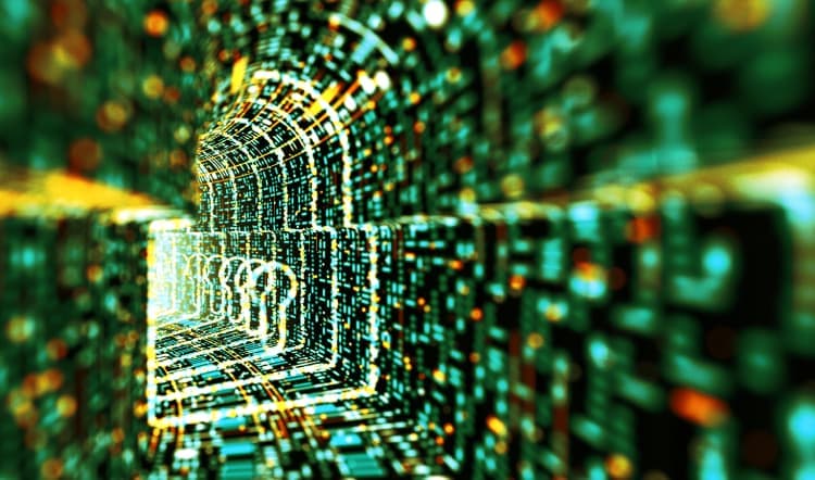 Abstract digital tunnel with glowing padlock icons and vibrant green and orange lights, symbolizing data encryption and security.