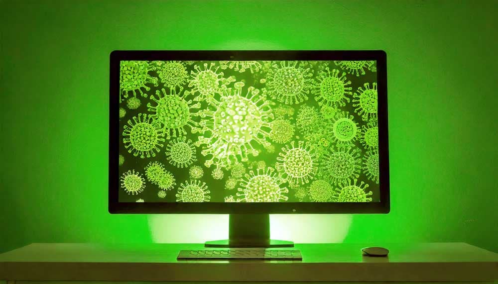 Computer monitor displaying green virus-like graphics, symbolizing malware infection on devices.